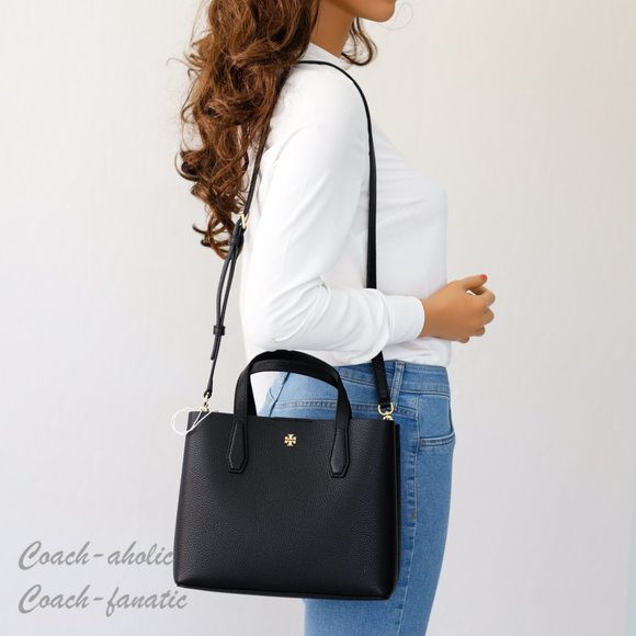 NWT Tory Burch 85985 Blake Small Leather Crossbody Tote in Black/Devon Sand - Picture 2 of 11